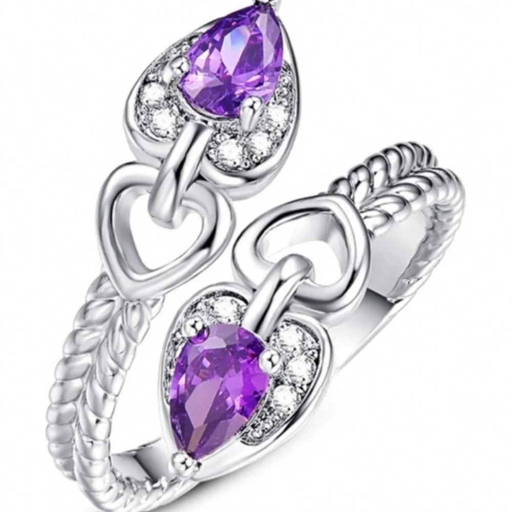 New S925 Sterling Silver Purple Amethyst & Morganite Heart Tear Drop Ring
